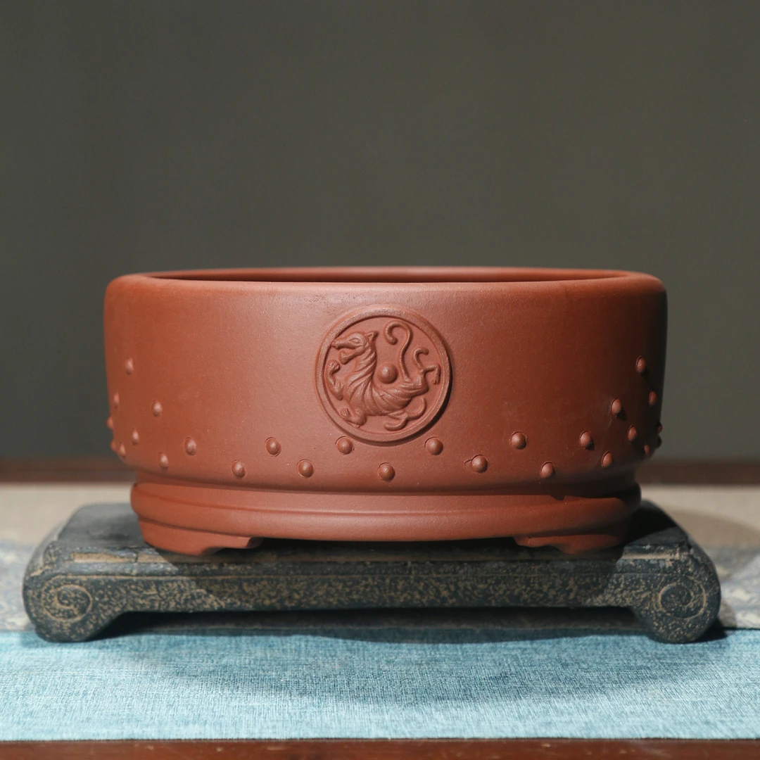 紫砂花盆圆形鼓丁盆景盆图腾神兽凤凰古风中国风觅陶乡桌面盆栽