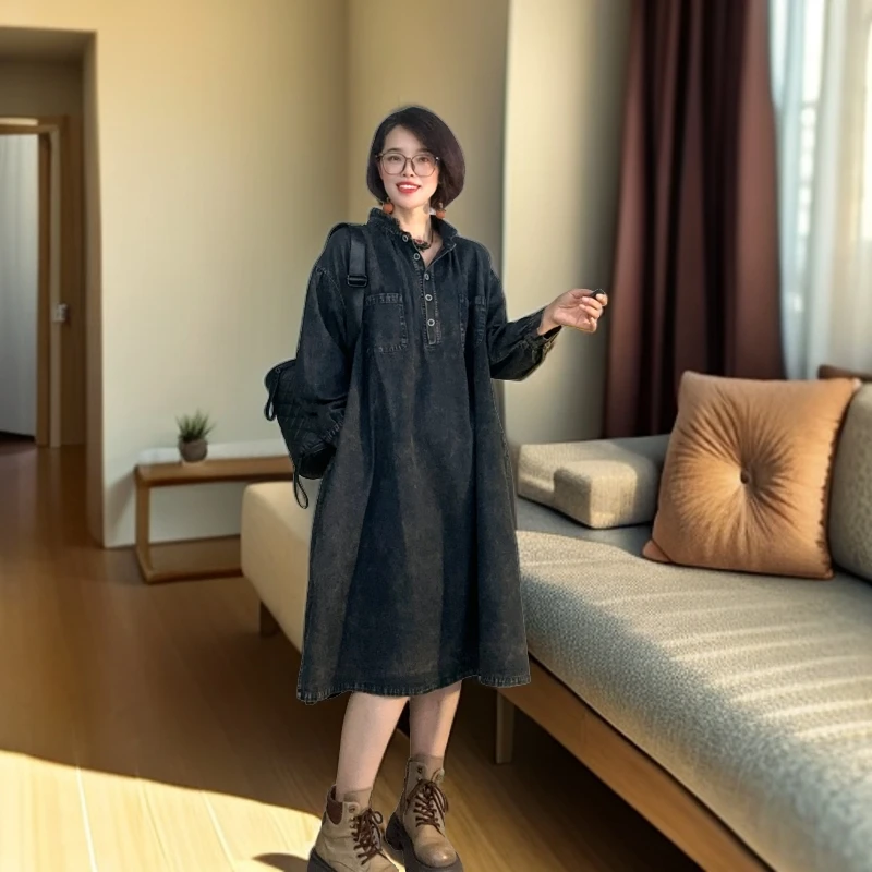 【高品质好货】春秋时尚牛仔休闲大码女装宽松连衣裙长袖气质显瘦爆