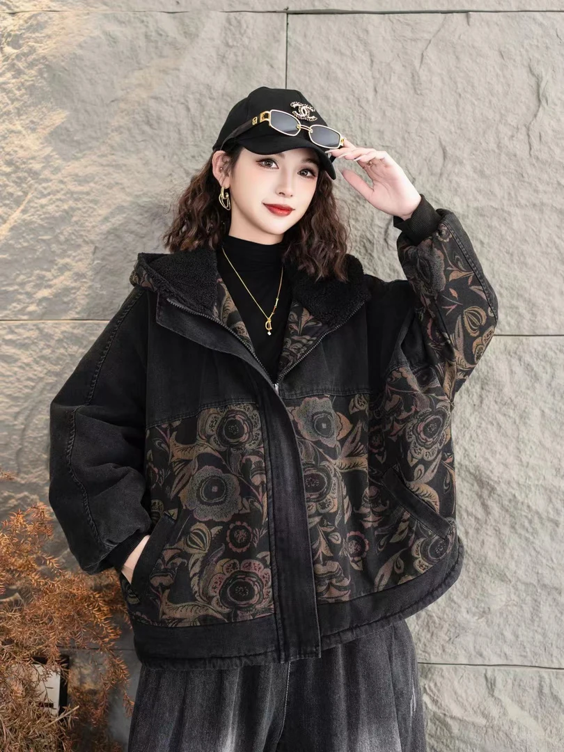 【豪雅】2024秋冬新款牛仔短款棉衣文艺时尚宽松减龄大码女装保暖衣