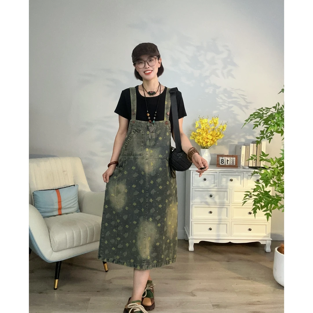 【豪雅】2024夏季印花牛仔背带裙复古时尚大码减龄休闲女宽松连衣裙