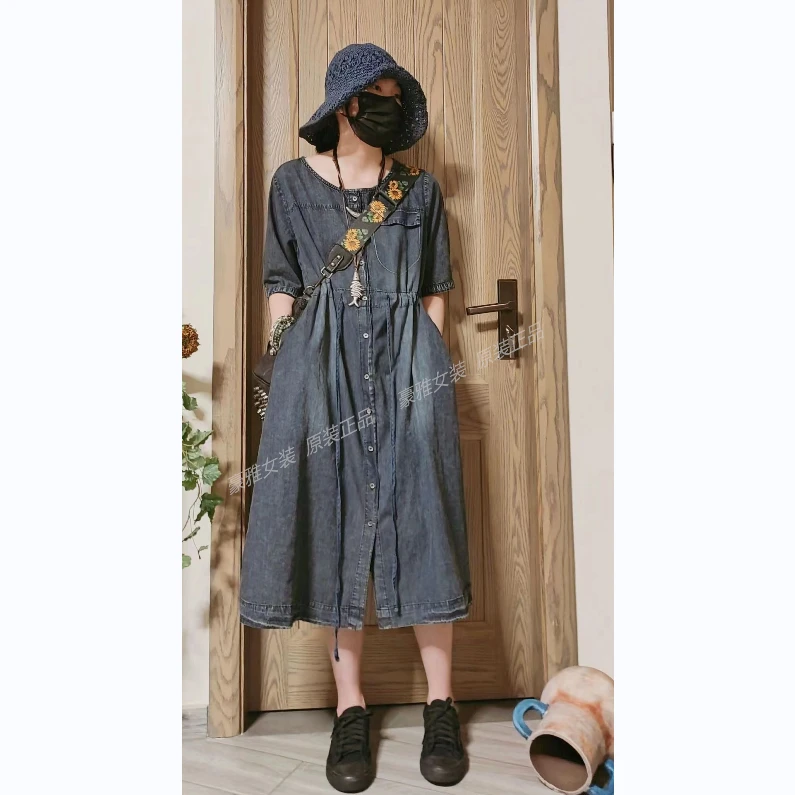 豪雅女装牛仔连衣裙时尚减龄宽松微胖高贵上档次大方得体的连衣裙