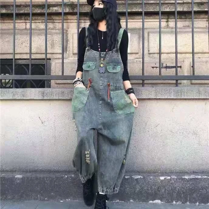 【豪雅】2023秋款牛仔背带裤宽松阔腿牛仔裤大码复古时尚休闲显瘦女