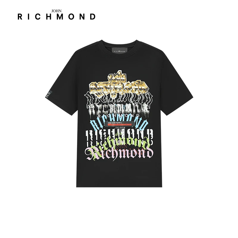 JOHN RICHMOND男装夏季款摇滚个性印花休闲圆领黑色朋客短袖T恤男
