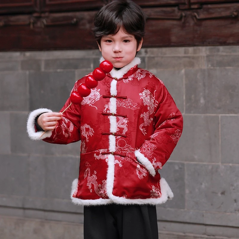 新款冬季男童拜年服男宝宝中国风棉衣新年装红色新年汉服儿童唐装