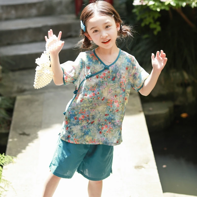 2025女童两件套装女宝宝夏季薄款小女孩短袖唐装儿童改良汉服童装