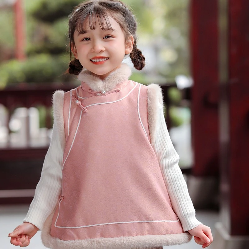 女童唐装马甲冬季加厚中国风背心儿童拜年服女宝气质古风汉服童装