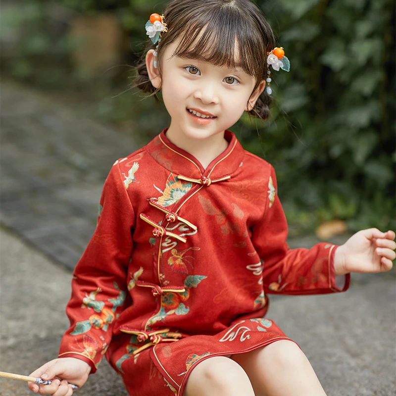 叙罗女童秋季红色汉服新款儿童唐装民国风旗袍女宝连衣裙女童古装