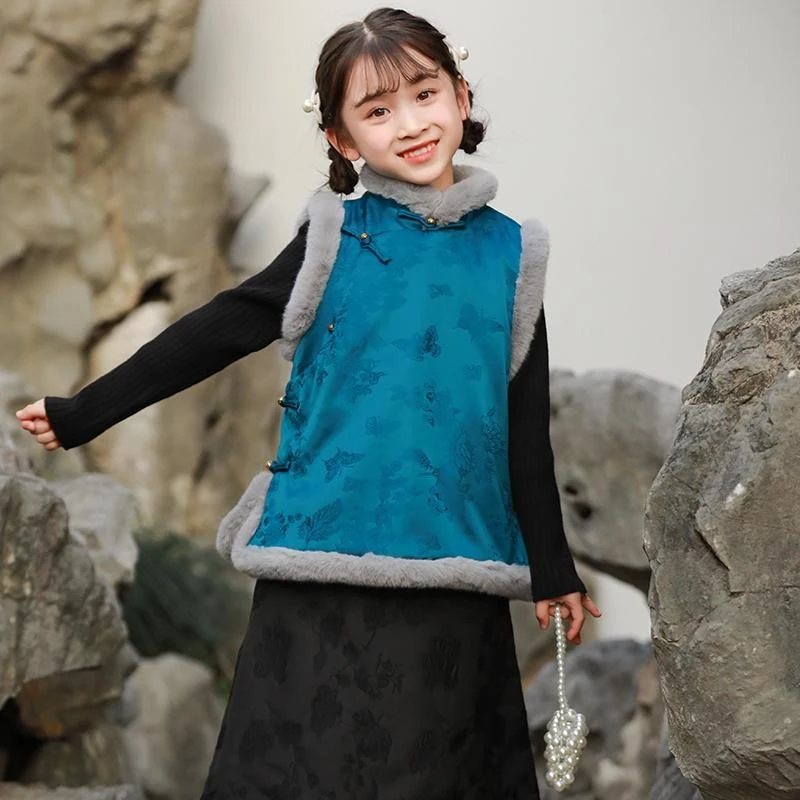 儿童唐装冬季女孩中国风坎肩拜年服古风马夹汉服女童马甲过年汉服