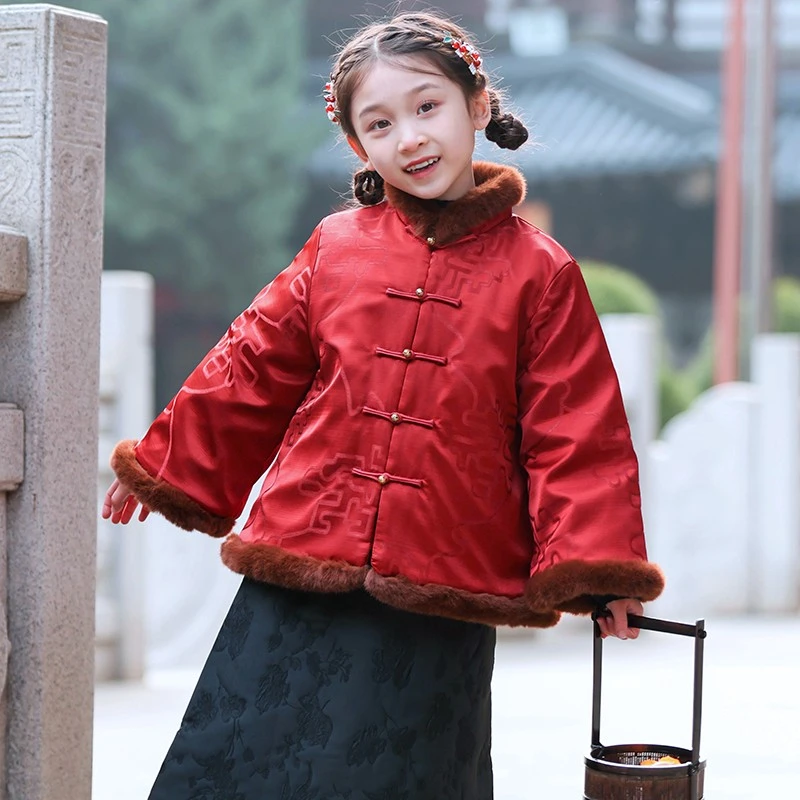 儿童拜年服冬季新款中国风棉衣女孩过年装女童唐装新中式夹棉外套