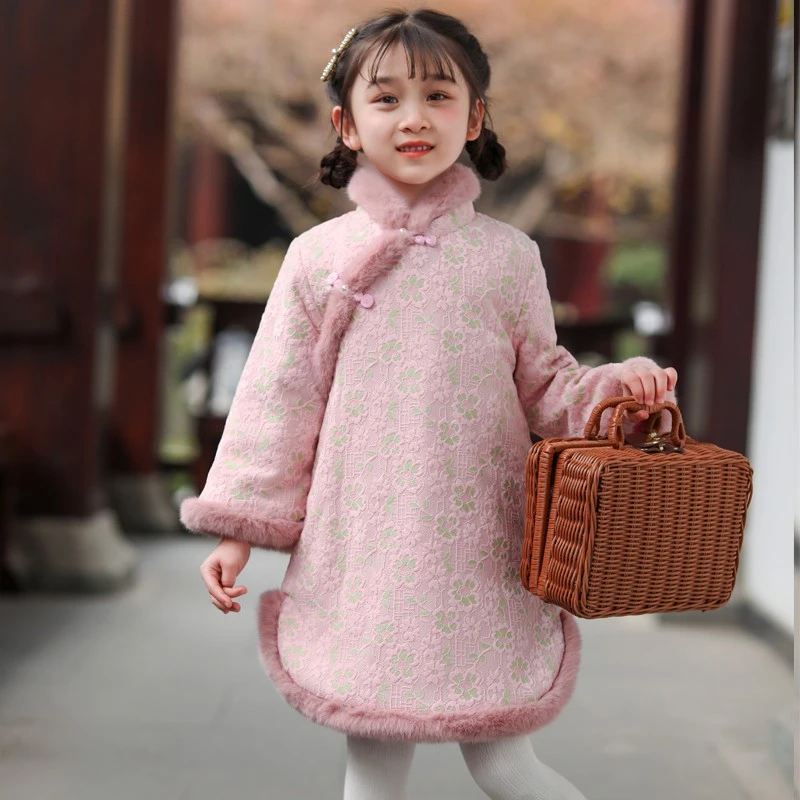 女童旗袍裙冬季2024新款女孩洋气古风裙儿童中国风唐装汉服连衣裙