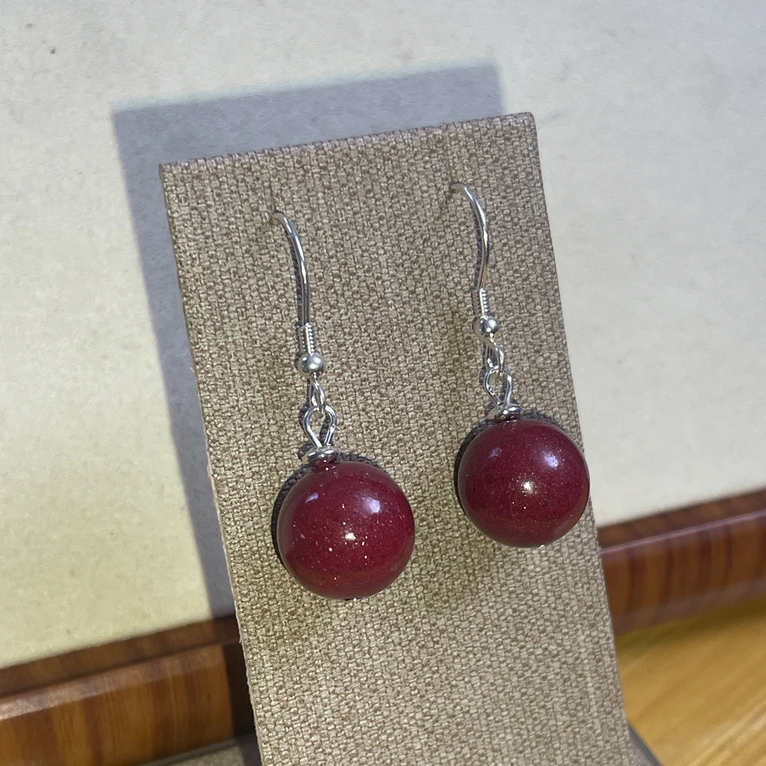 含辰砂工艺品 紫金砂圆珠耳环 12+mm 送家人送朋友