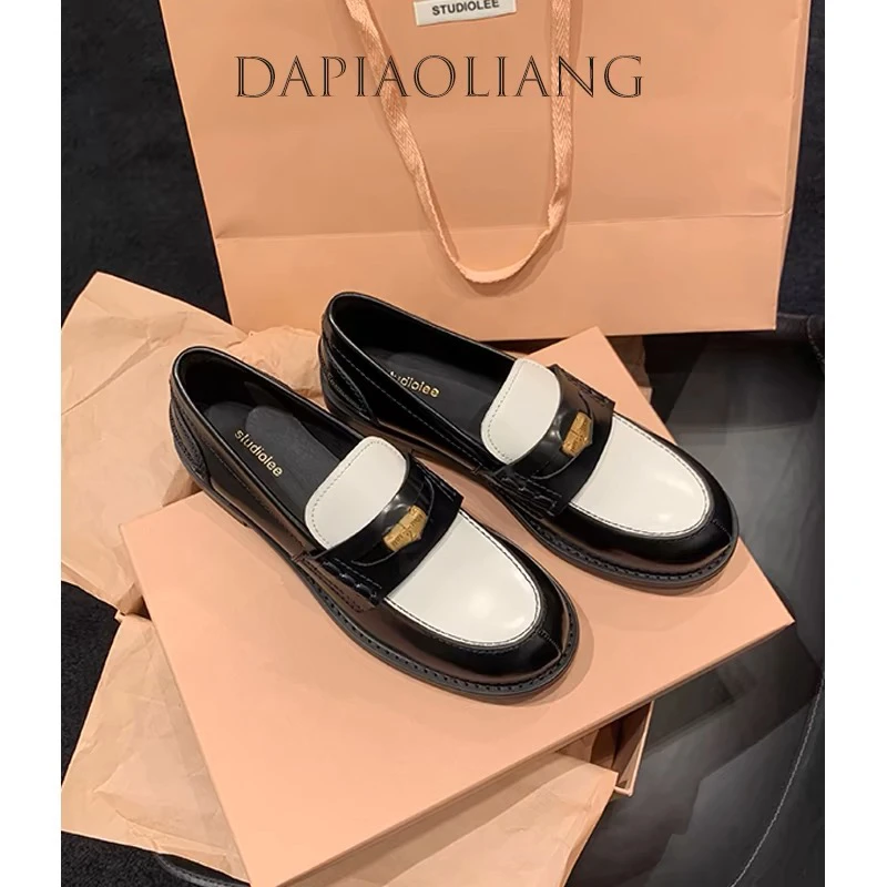 【现货】2024爆款复古擦色小金币粗跟乐福鞋女小皮鞋秋女鞋休闲鞋女