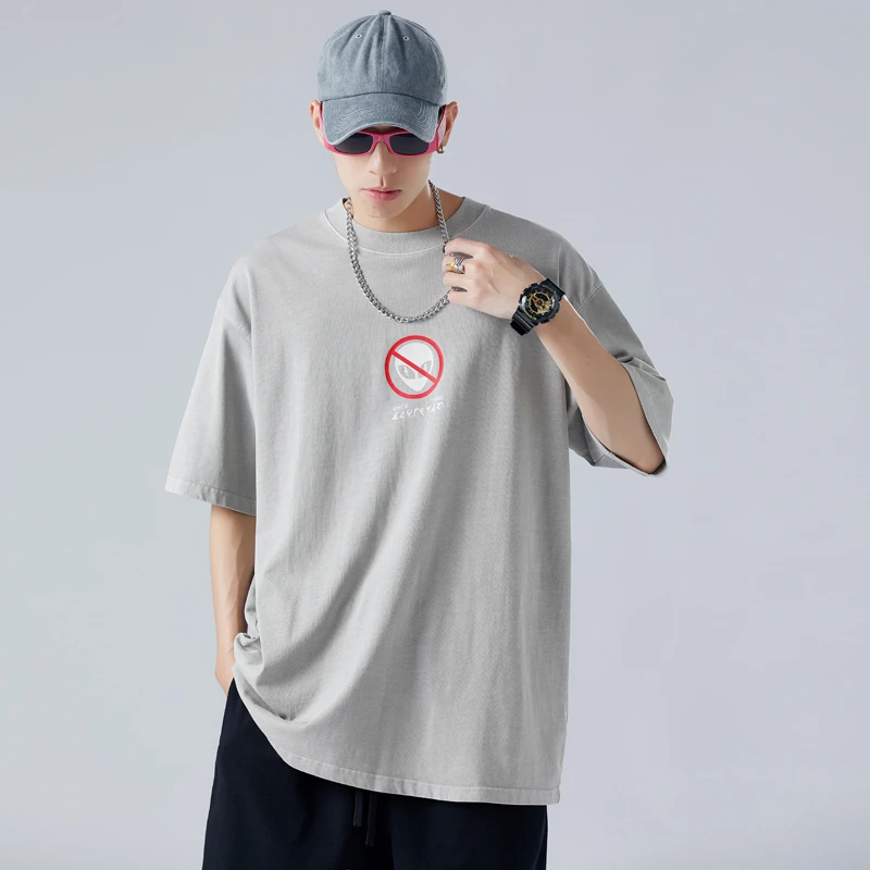 ALIEN BANG 短袖潮牌潮流美式复古水洗夏季宽松圆领纯棉半袖t恤男