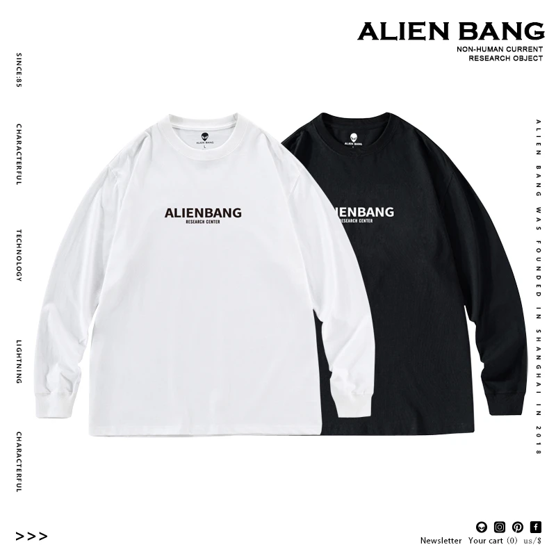 ALIEN BANG 潮牌男装长袖t恤秋季潮流圆领体恤纯棉打底衫男女同款