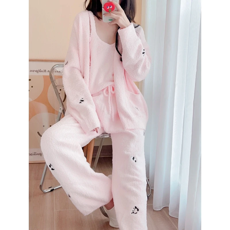 秋冬半边绒睡衣女冬可爱熊猫三件套加厚保暖珊瑚绒冬季家居服套装