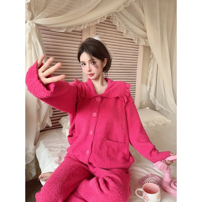 秋冬2023新款半边绒睡衣女本命年喜庆红色芭比粉珊瑚绒居家服套装
