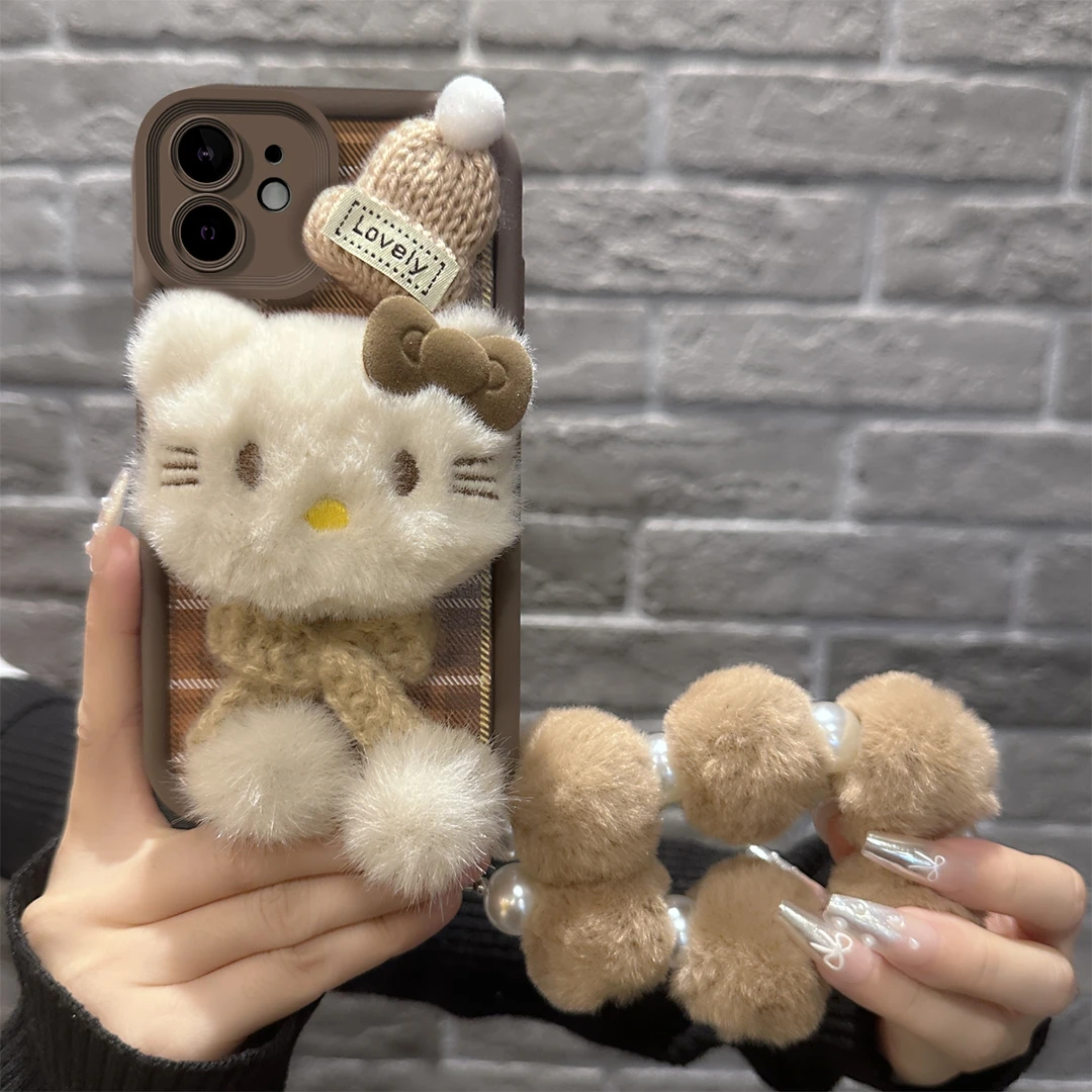 适用于【苹果】16可爱毛绒凯蒂猫新款羊皮硅胶手机壳