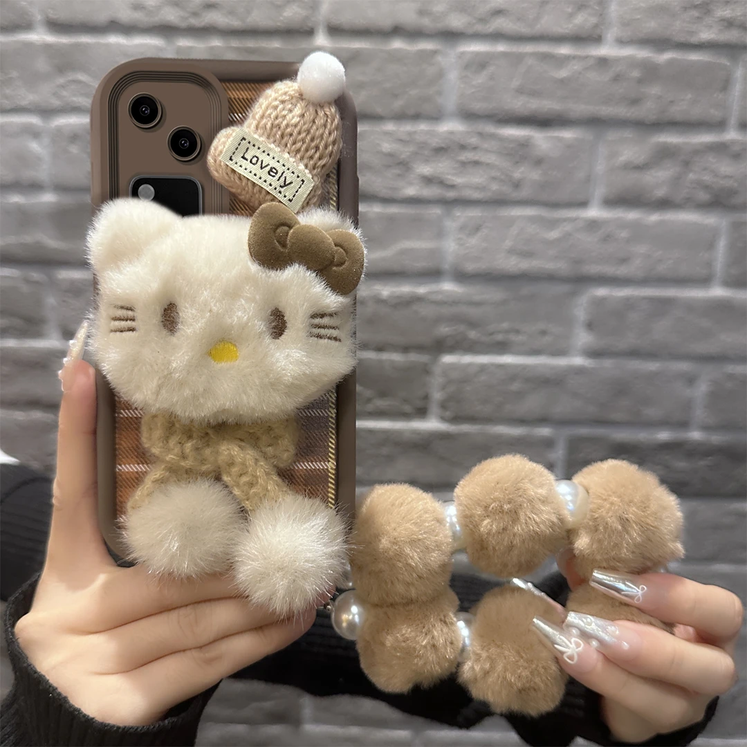 适用于【VIVO】S18可爱毛绒凯蒂猫新款羊皮硅胶手机壳