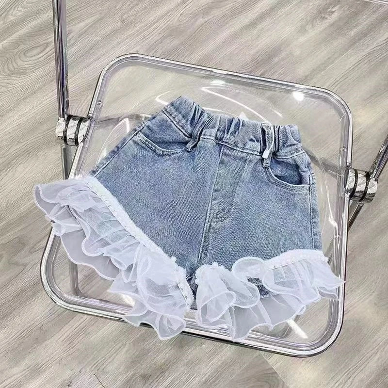 韩版女童热裤薄款2023夏季新款时尚珍珠花边甜美牛仔短裤休闲裤潮