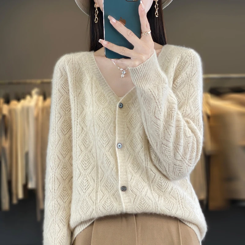 重工镂空100%澳洲美莉诺纯羊毛针织开衫女早秋宽松外搭上衣毛衣