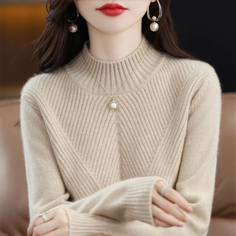 加厚款！席编工艺！100%纯羊毛针织打底衫女秋冬新款半高领套头毛衣