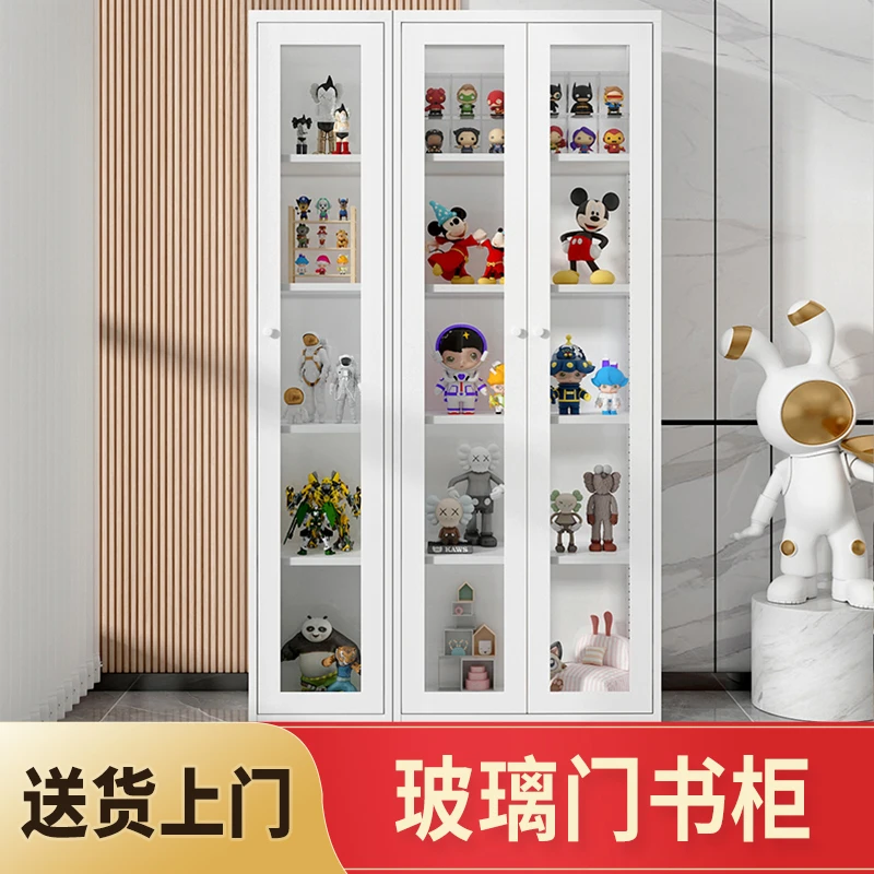 北欧铁艺书柜玻璃门展示柜学生落地收纳柜窄边客厅家用书橱置物柜