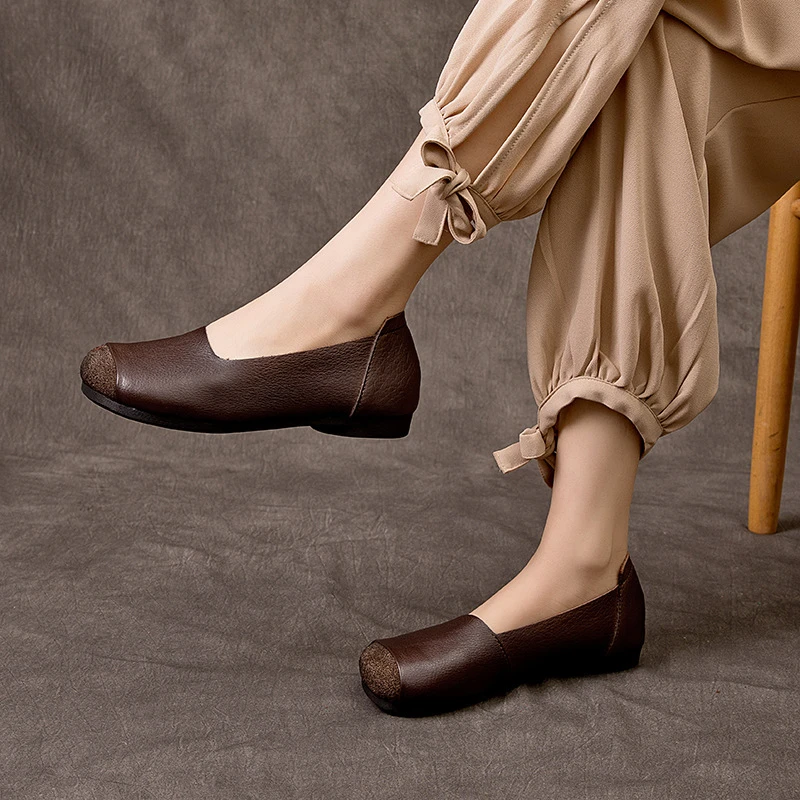 休闲平底舒适女鞋软底豆豆鞋头层牛皮圆头百搭森女文艺平底鞋2CM