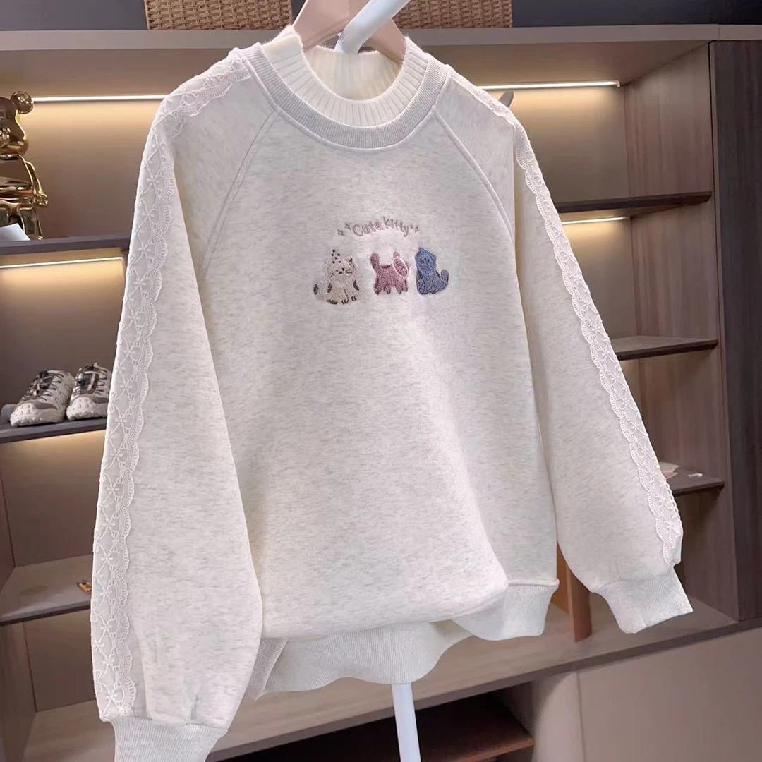 【加绒】2024女童秋冬新款甜美娃娃领韩版中大儿童卫衣冬季灰色卫衣