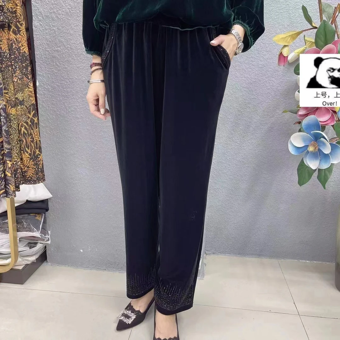 P0-植绒串珠款大码休闲裤大码妈妈装婆婆装