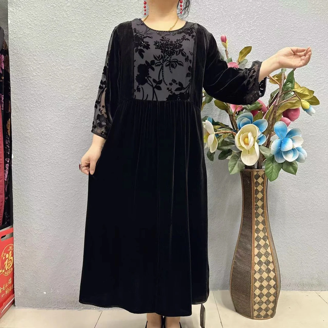 P5-0193款大码桑蚕丝连衣裙妈妈装洋气大方遮肚子丝绒裙