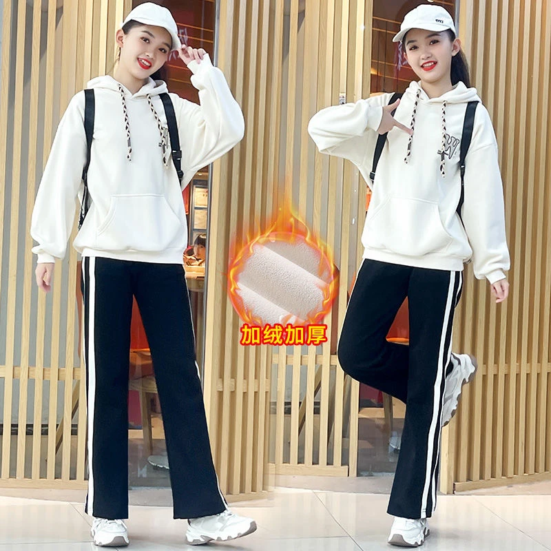 女童加绒加厚卫衣套装2024新款显瘦时尚洋气连帽中大童休闲宽松款