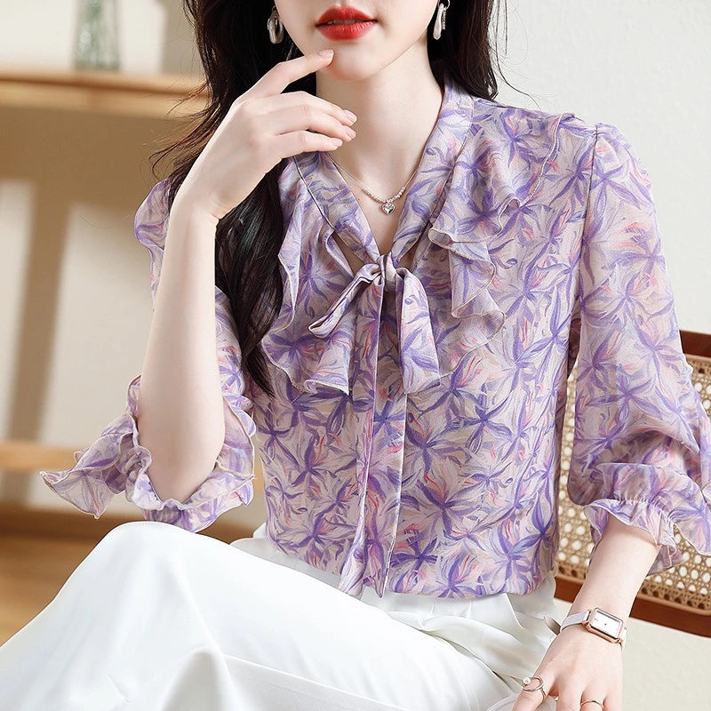 印花雪纺衫2024年春夏季新款百搭上衣女士设计感v领减龄遮肚小衫