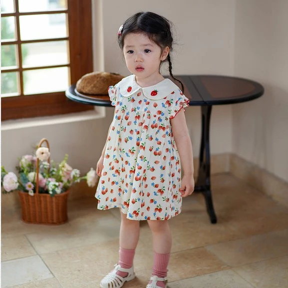 儿童连衣裙夏季2025新款碎花裙子女宝宝洋气娃娃领草莓公主背心裙