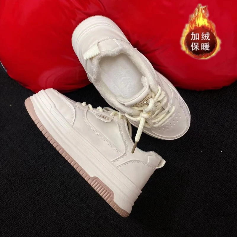 冬季加绒小白鞋女2023年时尚百搭学生厚底休闲鞋低帮系带板鞋ins