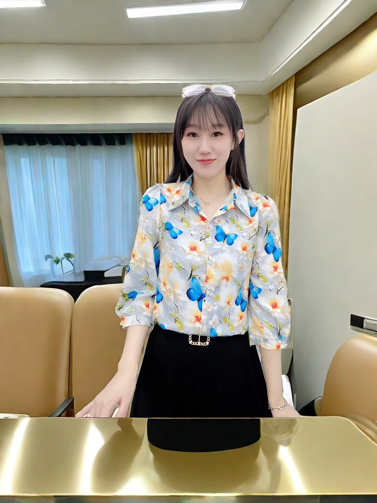 2024洋气夏季新款女装气质时尚休闲宽松衬衫春夏女士印花大码上衣