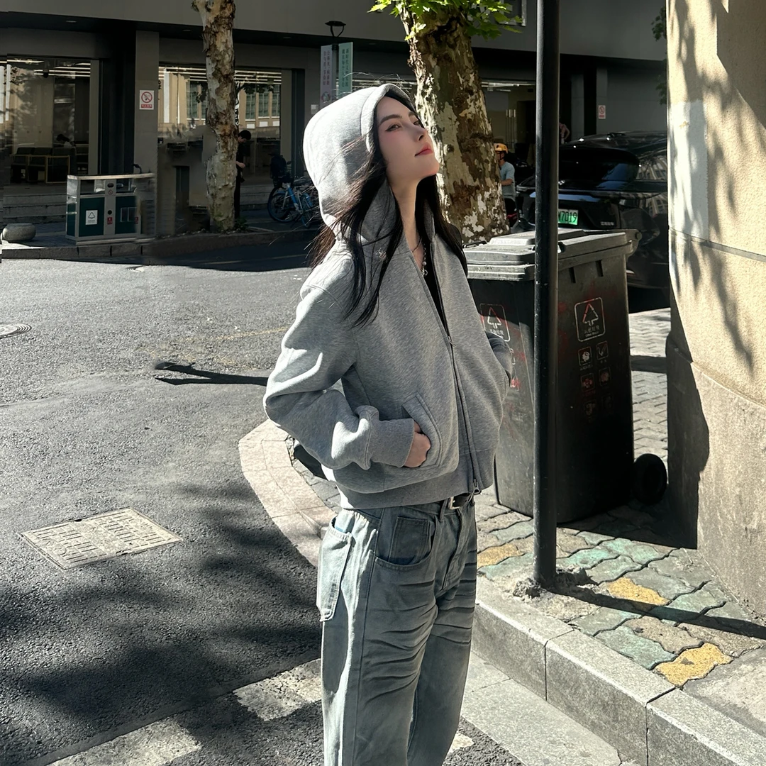 辣妹风显瘦长袖运动外套美式街头短款开衫连帽卫衣女ins潮流帽衫