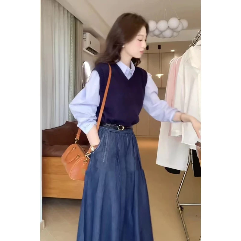 秋季穿搭一整套高级感轻熟风韩系气质洋气针织马甲上衣条纹衬衫