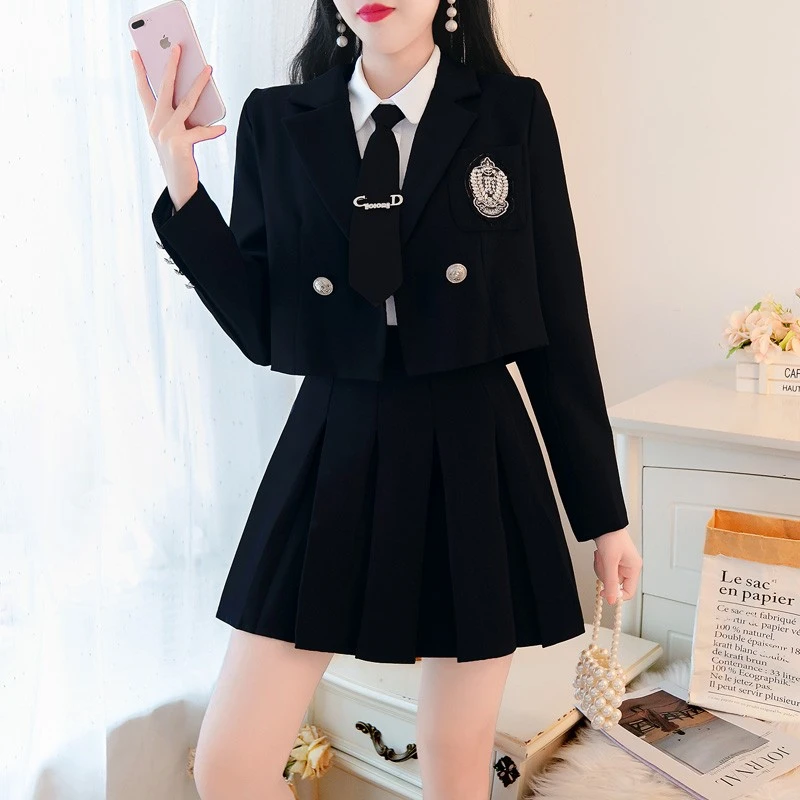 学院风西装外套两件套女小个子高腰百褶裙秋季新款英伦jk制服套装