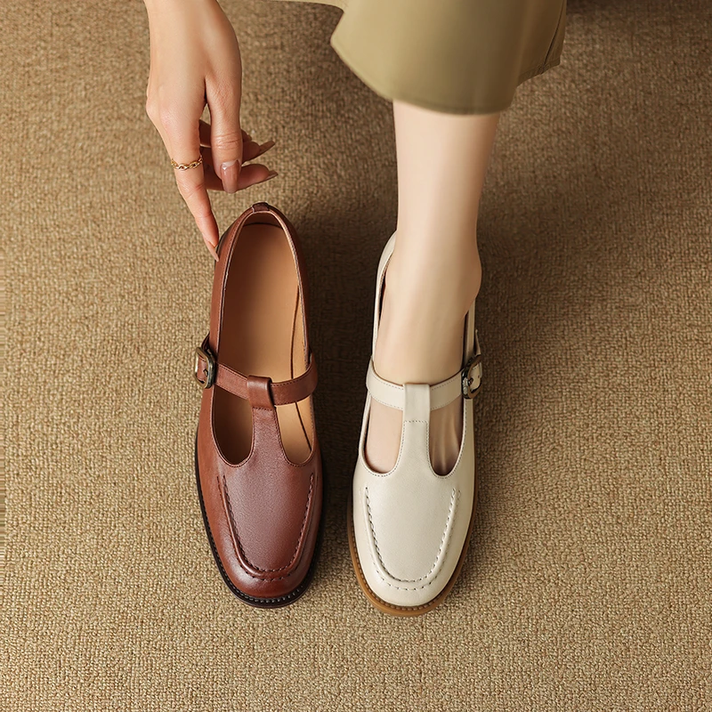 3.5cm牛皮单鞋女2024新款春秋中跟T型带复古玛丽珍百搭软底女鞋