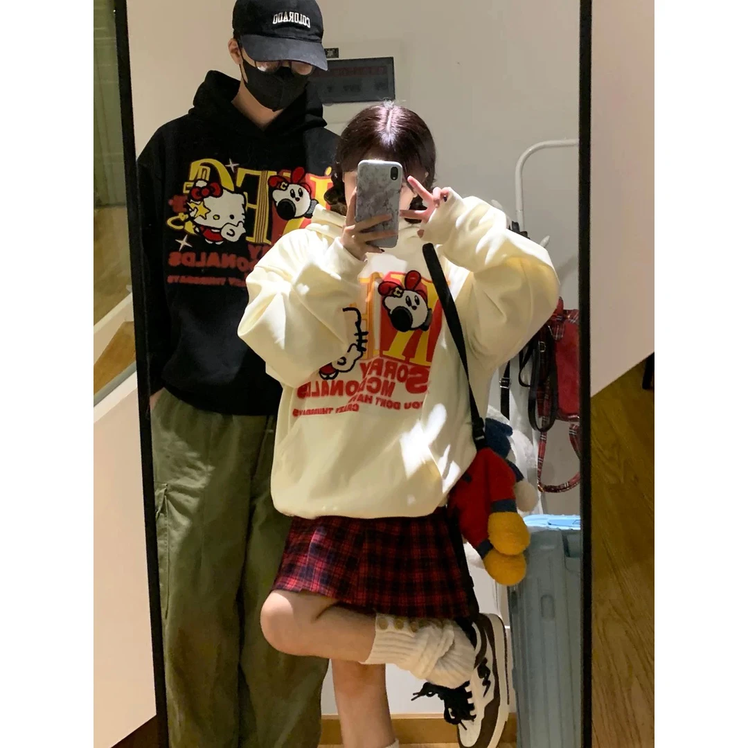 美式复古卡通凯蒂猫连帽卫衣冬季加绒减龄情侣长袖外套潮慵懒风