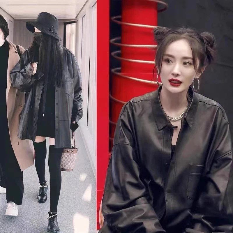2024年新真皮绵羊皮系带皮衣衬衫短款宽松慵懒风衣外套