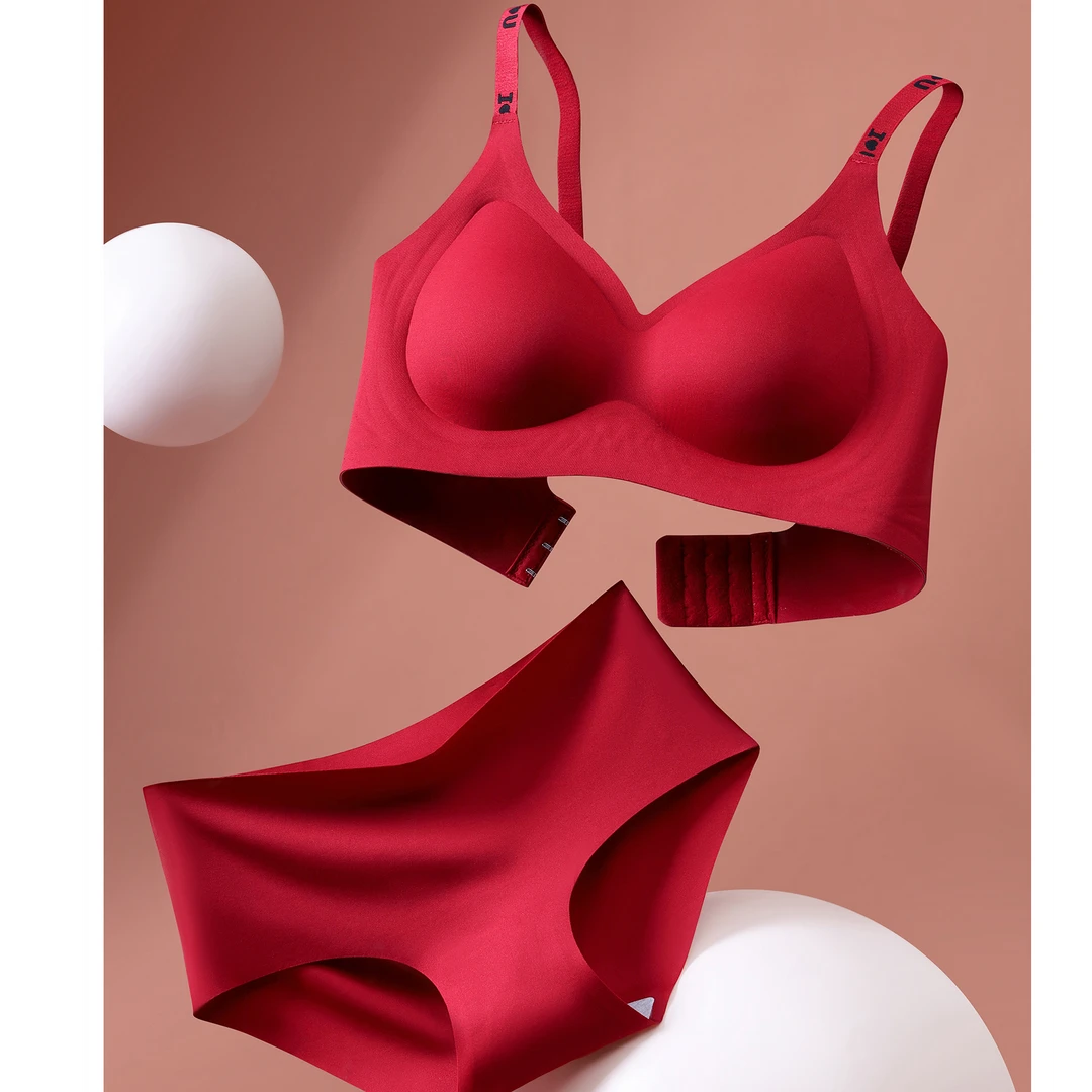 本命年结婚大红内衣套装无痕软支撑透气空气杯聚拢上托果冻文胸女