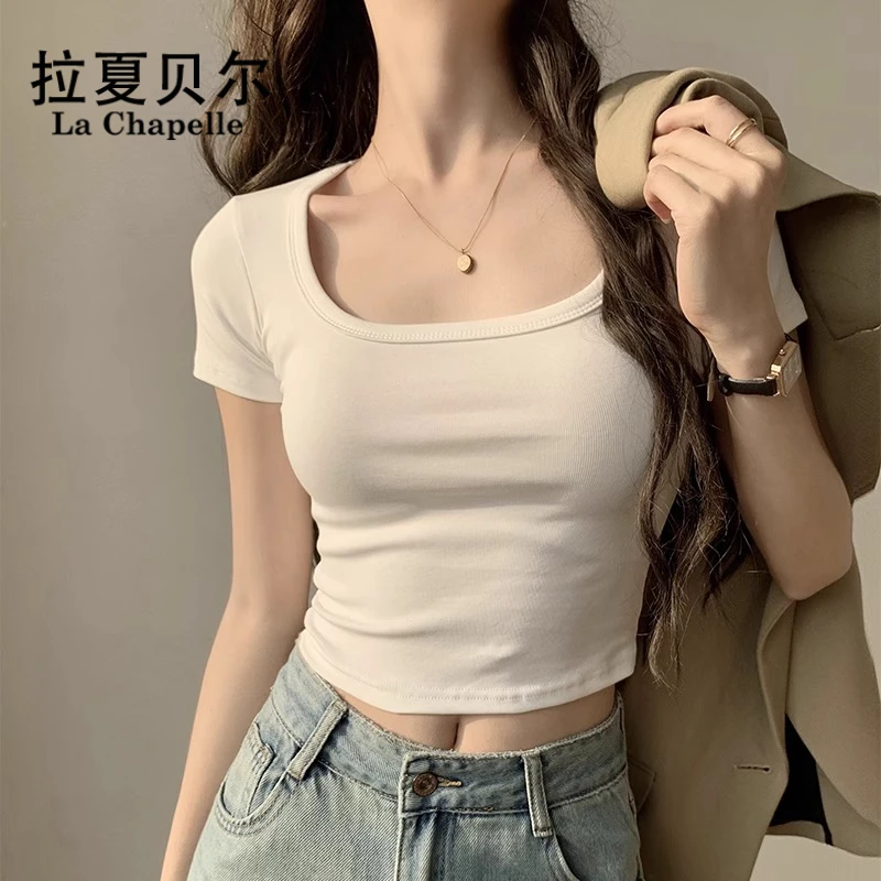 拉夏贝尔白色正肩方领短袖T恤女夏季2025新款小个子短款露脐U领上