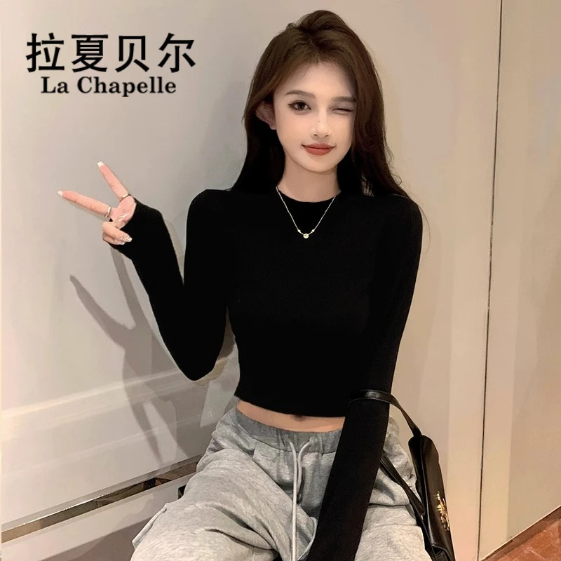 拉夏贝尔黑色半高领T恤女内搭春秋短款紧身长袖打底衫露脐上衣ins