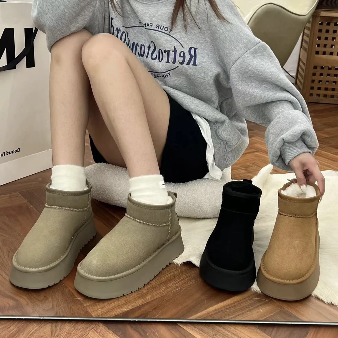 保暖防滑雪地靴（5907）短筒2024新款纯色冬季厚底加绒时尚平底鞋