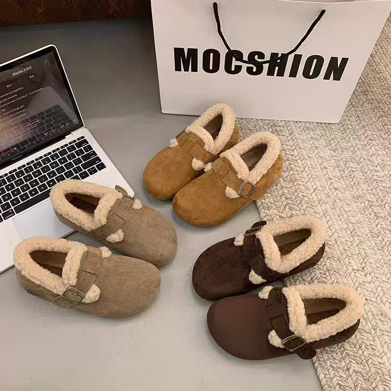 棉鞋加绒勃肯鞋（A18）女平底加厚防滑保暖一脚蹬豆豆鞋新疆包邮