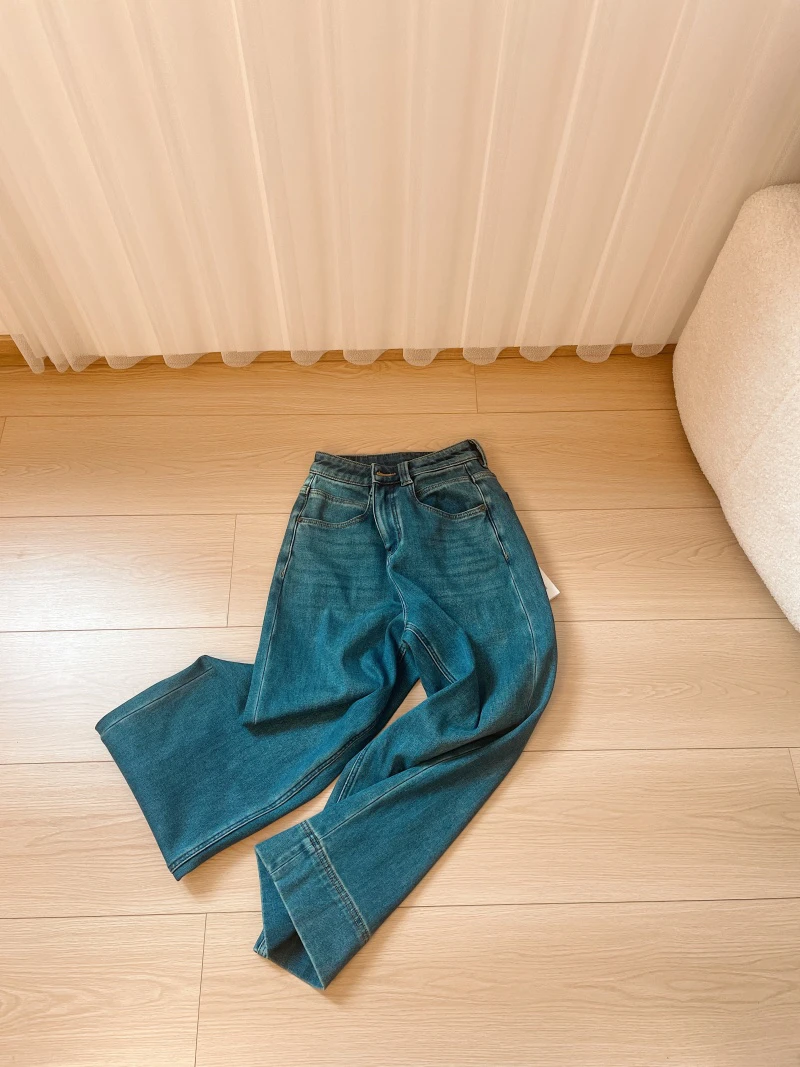 【王小姐】植绒 “奶奶裤” 直筒加绒九分牛仔裤 四面弹