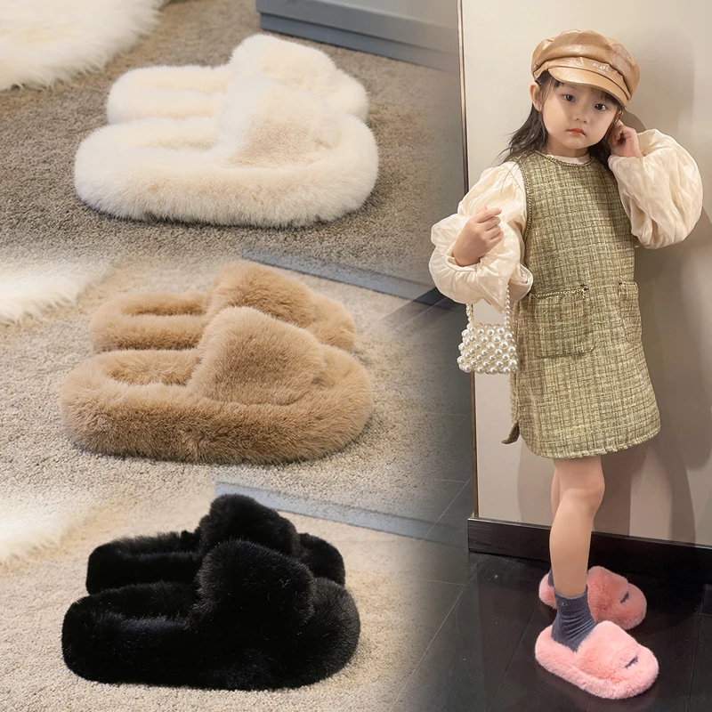 女童加绒毛毛鞋儿童拖鞋秋冬新款女孩百搭防滑软底居家毛毛拖外穿