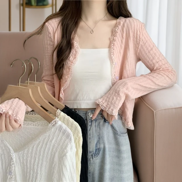 防晒长袖针织衫开衫女2025春夏新款蕾丝镂空外搭配小披肩薄外套女