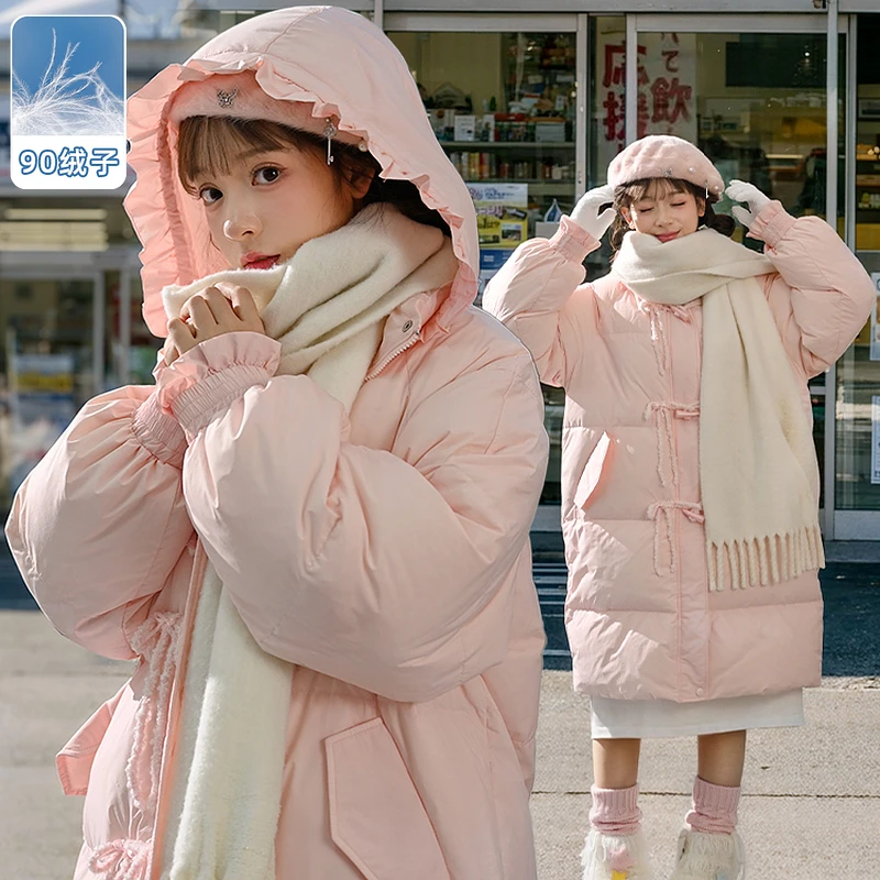 现货【保暖羽绒服】森女部落原创中长款甜美少女粉色白鸭绒加绒